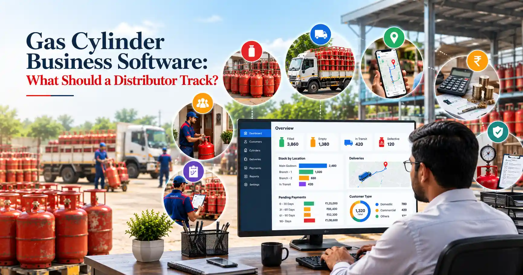 Gas cylinder distribution software dashboard displaying filled and empty cylinder inventory, delivery tracking, stock reports, customer details, and LPG distributor management.
